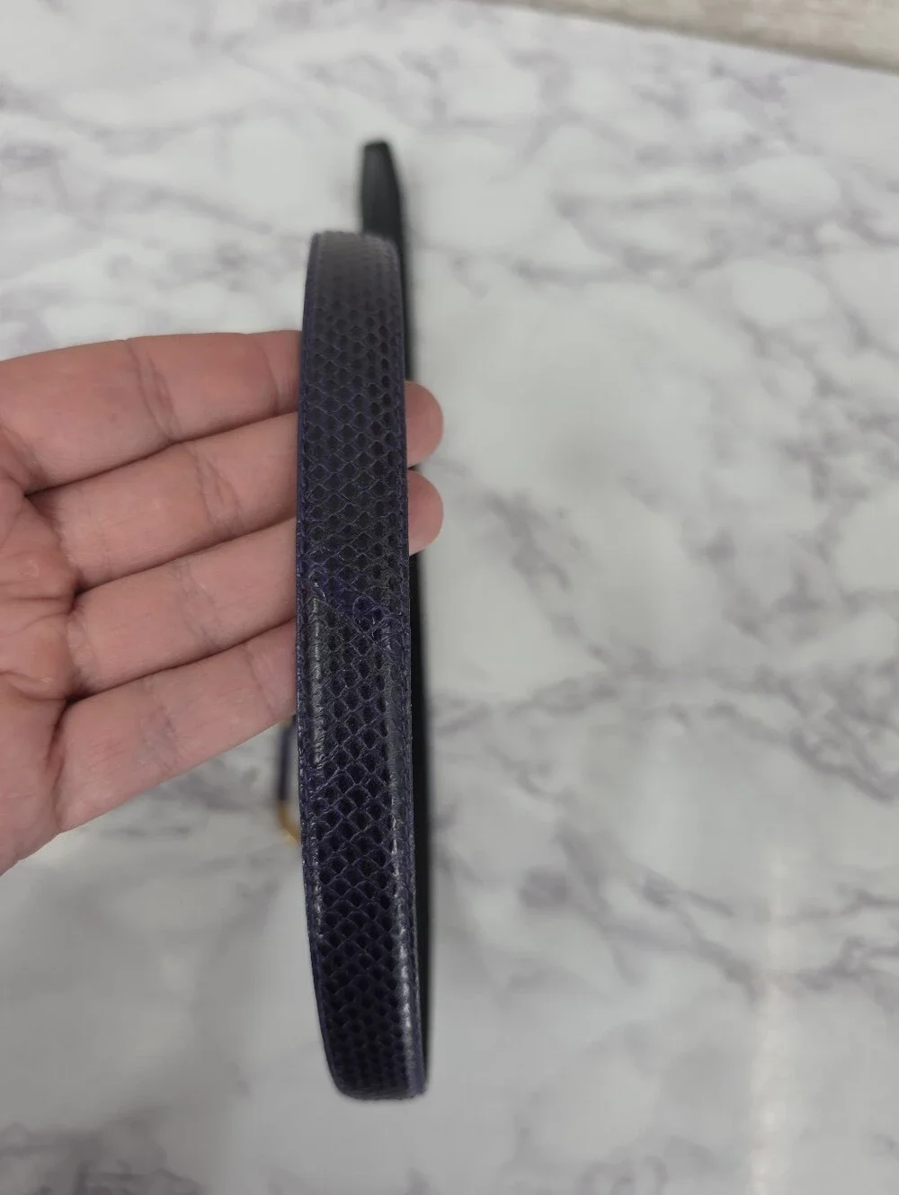 Vintage Snakeskin Leather Slender Purple Belt with Gold Tone Buckle 80s